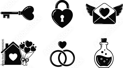 Love and romance icons collection, heart key lock wedding rings envelope bouquet potion symbols, Valentine vector illustration set