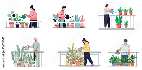 Minimal vector scene of balcony gardening, person watering houseplants, calm lifestyle activity at home, pastel colors, clean shapes, no outlines, white background.