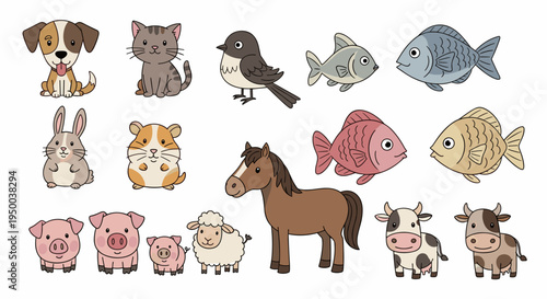 Farm Animals Cartoon Set Vector Illustration: Cheerful Domestic Pets Posing Together on White Background, Cute Dog, Cat, Bird, Fish, Rabbit, Hamster, Smiling Pigs, Sheep, Horse, Cow for Children's Boo