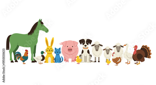 Cartoon Farm Animals Illustration: Cheerful Livestock Gathering on White Background Shows Domestic Pets in Playful Array, Ideal for Children's Education Material, Veterinarian Advertising, and Agricul