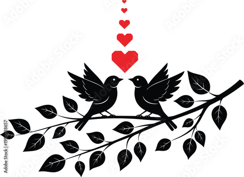 Love birds silhouette on tree branch, romantic couple birds with hearts, Valentine romance nature vector illustration design