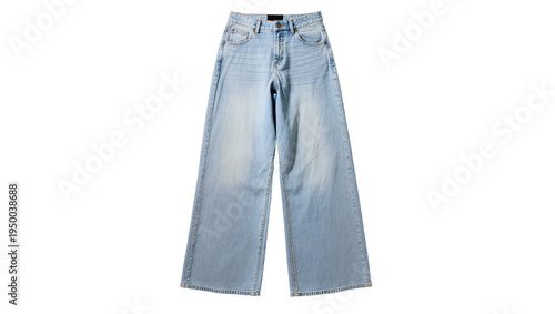 Isolated light blue faded high-waisted wide-leg denim jeans for modern casual fashion style