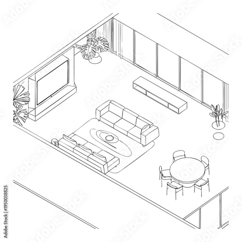 Isometric of a living room with a t v sofa and a dining table