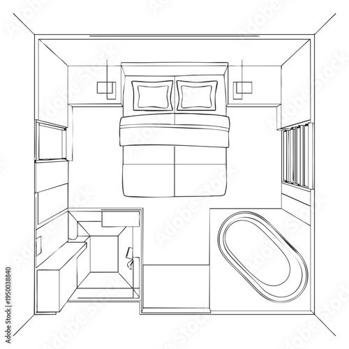 Minimalist bedroom interior with bed bathtub and built-in furniture in black and white line