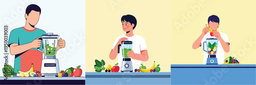 Minimal vector scene of someone preparing a fruit smoothie in a blender, everyday healthy habit, pastel colors, simple shapes