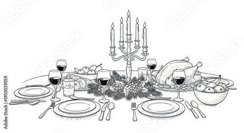 Elegant Christmas Dinner Table Setting with Roast Turkey, Candles, and Wine
