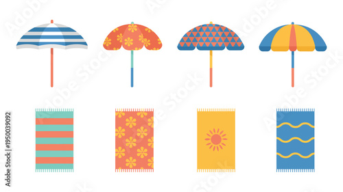 Beach Vacation Vector with colorful umbrellas and towels, summer seaside accessories, bright geometric and floral pattern parasols and beach mats, flat design illustration for travel and holiday theme