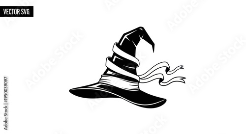 Spooky Witch Hat with Flowing Ribbons - Black Silhouette Icon