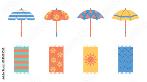 Beach Vacation Vector with colorful umbrellas and towels, summer seaside accessories, bright geometric and floral pattern parasols and beach mats, flat design illustration for travel and holiday theme