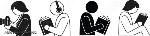 Vector illustration set of minimalist black and white icons featuring silhouettes of people engaging in hobbies like reading books, listening to music, and photography.