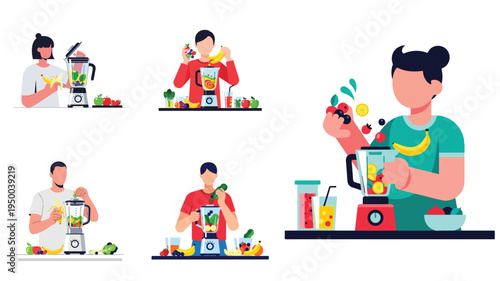 Minimal flat vector illustration of a person preparing a healthy smoothie in a blender, healthy lifestyle activity, no outline, white background
