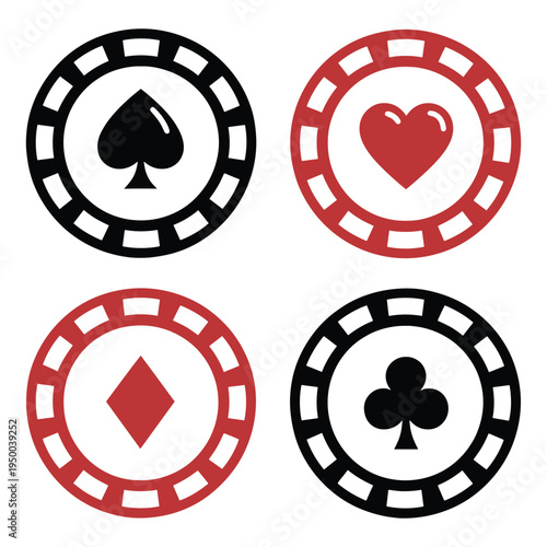 Colorful set of four poker chips with playing card symbols isolated for gaming themes and designs   perfect for casino graphics game development and gamblingrelated projects or illustrations