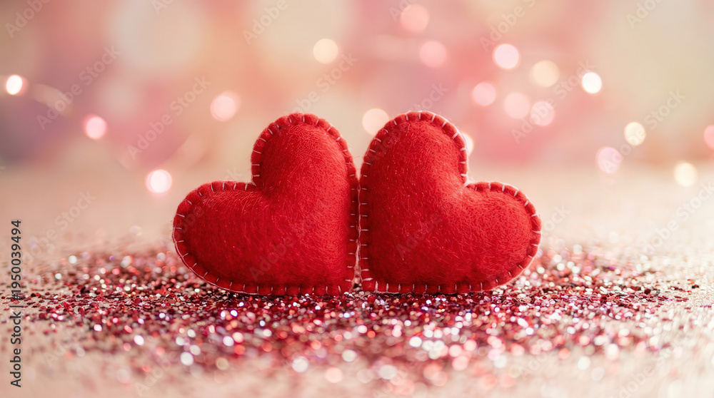 Fototapeta premium Romantic Red Heart Plush Toys on Sparkling Glitter Surface for Love Themes