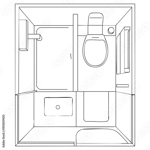 Minimalist black and white bathroom layout with shower toilet sink and towel rack