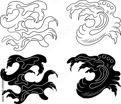 Chinese wave and clouds.Japanese wave for tattoo design.Wave vector illustration for doodle art on white isolated background.water splash vector set.