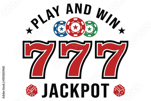 Colorful triple seven jackpot logo with poker chips and dice for gaming and casino themes isolated design