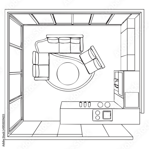Minimalist black and white kitchen interior with island and appliances floor plan