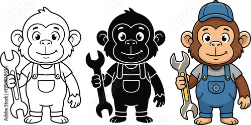 Cute monkey mechanic mascot set with outline, silhouette and colored character holding wrench, cartoon animal worker vector illustration for kids design