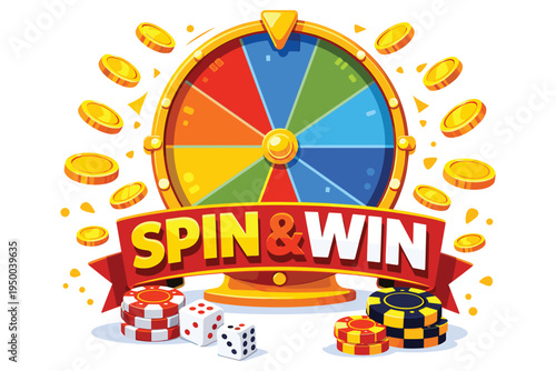 Colorful wheel of fortune with golden coins and poker chips illustrating a fun spin and win game concept