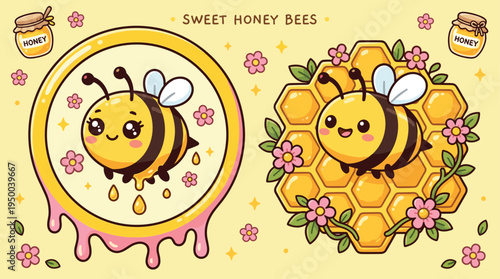 Cute sweet honey bees cartoon illustration with honeycomb, flowers and dripping honey, kawaii bee mascot design for kids and nature themes