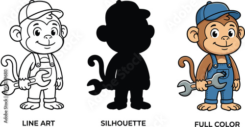 Cute monkey mechanic mascot set with line art, silhouette and full color versions holding wrench, cartoon animal worker vector illustration