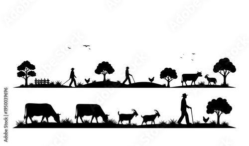 Countryside Rural Landscape Silhouettes with People Animals and Trees Vector