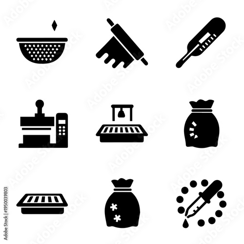 Versatile glyph icon set for cooking, baking utensils, food industry, and scientific analysis