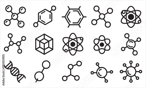 Black and white icons representing molecular structures, chemical bonds, and DNA, illustrating science and research, molecule icon, chemistry icons, atom icons