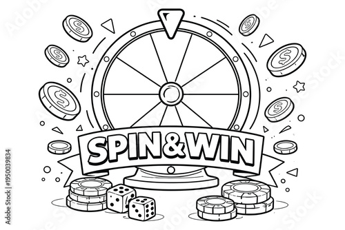 Hand drawn spin and win wheel game illustration with coins and dice for gambling fun
