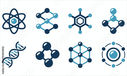 Blue and dark blue icons showcasing molecular structures, DNA helix, and chemical bonds for science and technology themes, molecule icons, chemistry icons, structure icons