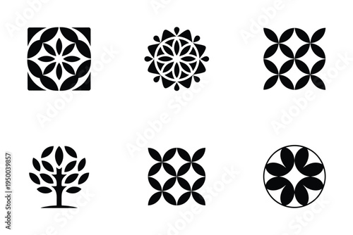 Four Leaf Clover Icons with floral decorative elements, black and white vector illustration featuring lucky clover symbols