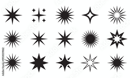 Solid black starburst and sparkle icons for adding highlights, emphasis, and decorative elements in designs, starburst icon, shine icon, glitter icon, design element