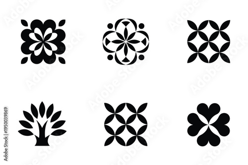 Four Leaf Clover Icons with floral decorative elements, black and white vector illustration featuring lucky clover symbols