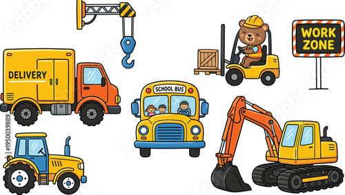 Cute cartoon construction and transport vehicles set with delivery truck, school bus, tractor, excavator and forklift, kids illustration collection