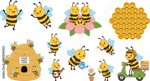 Cute cartoon honey bee characters collection with beehive, honeycomb, flowers and honey jar, kawaii bee mascot set for kids illustration design