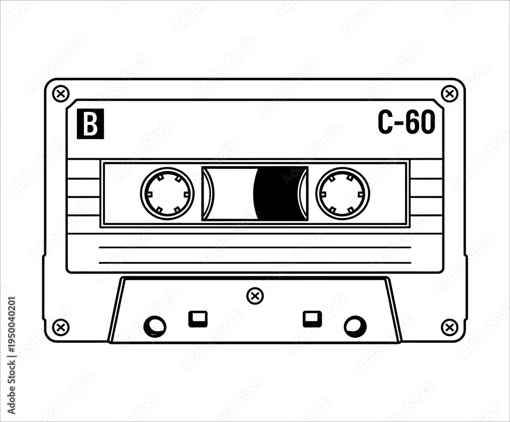 Fototapeta premium Retro Cassette Tape Outline Vector Illustration