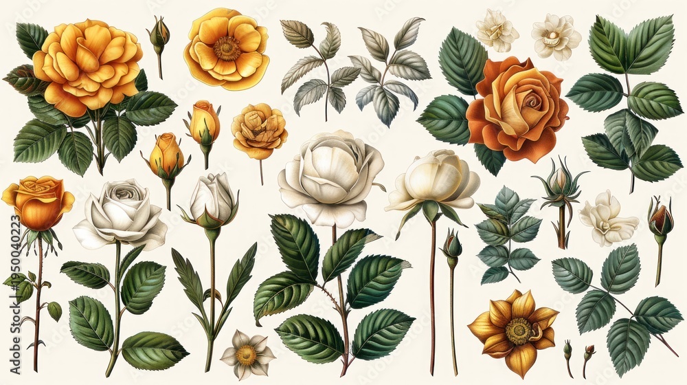 Fototapeta premium Botanical rose illustration collection with flowers leaves stems and buds in vintage scientific botanical style isolated on light background Generative AI