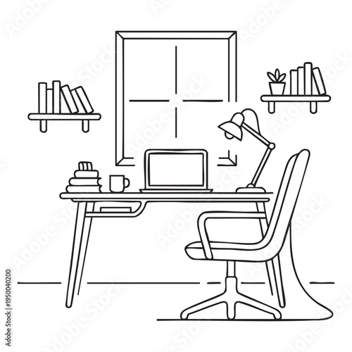 Minimalist black and white of a home office with a desk, laptop, chair, and bookshelves