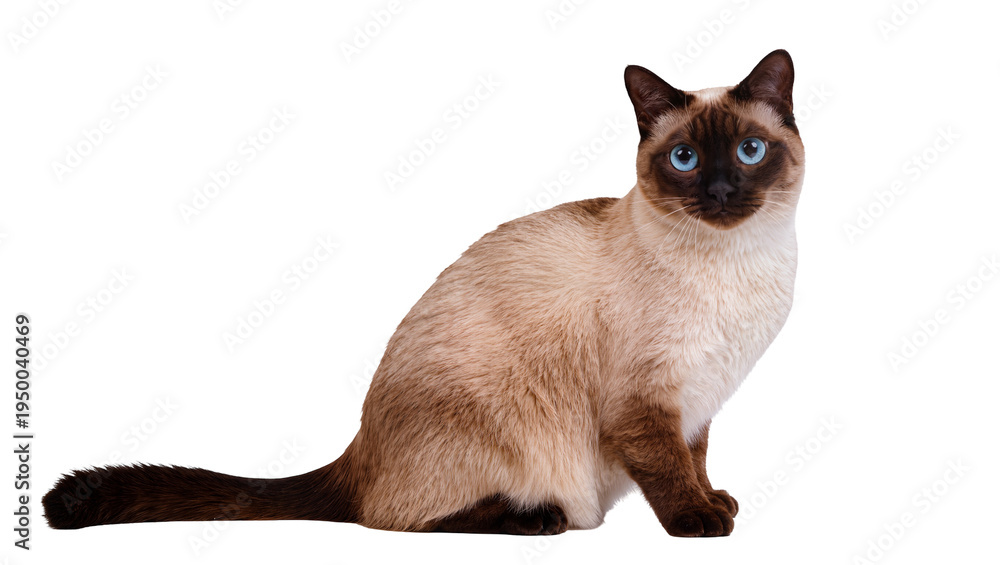 Obraz premium Isolated beautiful Siamese cat with stunning blue eyes sitting gracefully, looking directly at camera