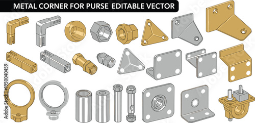 Collection of metal corner protectors for purse and bag hardware editable vector set with various nuts bolts hinges and gold fasteners