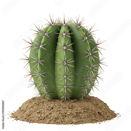 Green barrel cactus with spines on soil isolated on transparent background
