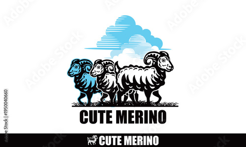 CUTE MERIO SHEEP STANDING LOGO, silhouette of smart ram in farm vector illustrations