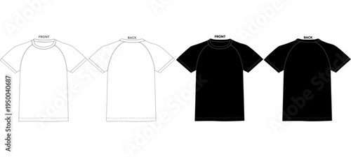 Raglan Sleeve T Shirt Front and Back View Black and Outline Apparel Vector Template