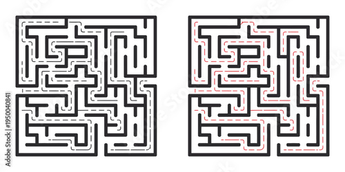 Black Square Maze Vector with three entrances, labyrinth puzzle and solution isolated on white background, black labyrinth icon for kids’ activity, logic game, and educational illustration.
