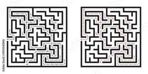 Black Square Maze Vector with three entrances, labyrinth puzzle and solution isolated on white background, black labyrinth icon for kids’ activity, logic game, and educational illustration.
