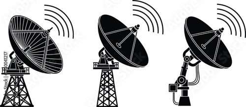 Satellite dish antenna icons set, radio telescope communication signal transmission technology vector illustration isolated design