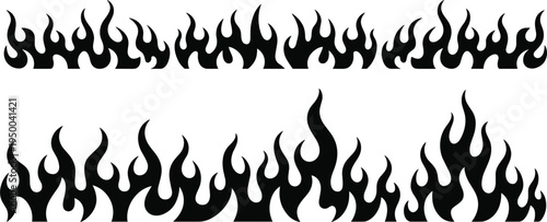Black fire flame silhouette vector borders, decorative ignition elements for racing decals and hot rod design