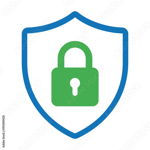 Green padlock icon on white shield with blue border symbolizing security and protection