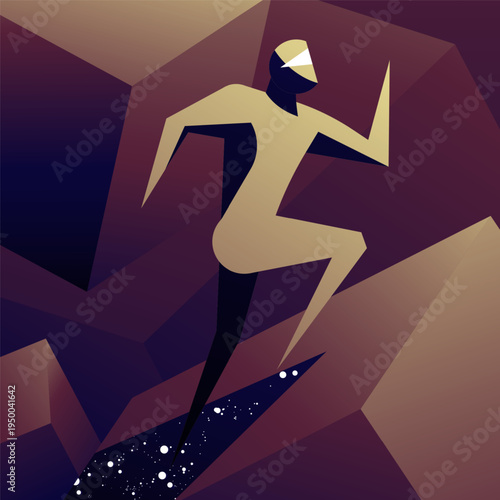 Geometric human character, celestial space background for sports and tech posters illustration. Starry night style for fitness and wellness branding.