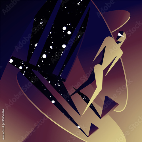 Geometric human character, celestial space background for sports and tech posters illustration. Starry night style for fitness and wellness branding.